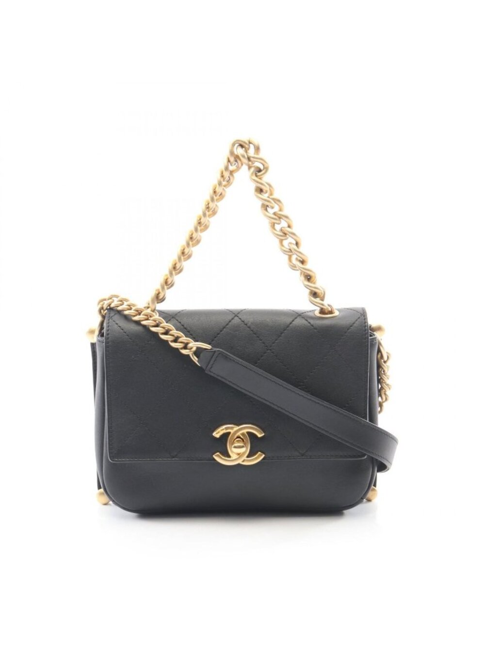 Chanel Shoulder Bag Quilted 2-Way Black Leather Chain